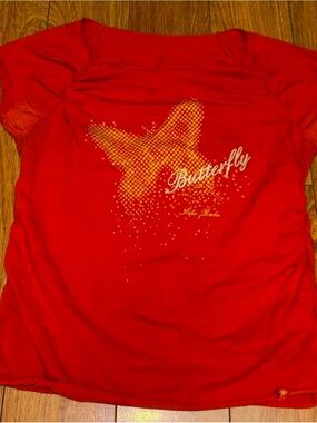 Red Y2K butterfly baby tee with rhinestones